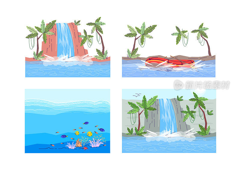 Aquatic scenes semi flat vector illustration set